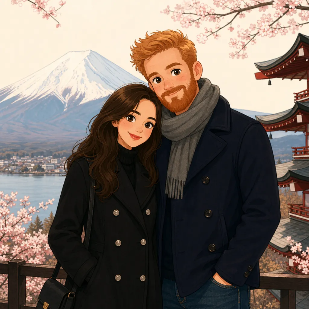 Cartoon: They travel to Japan, posing in front of Mount Fuji